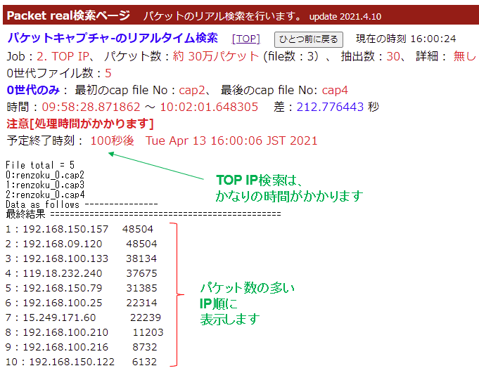 パケットキャプチャーのリアルタイム検索 「 2. TOP IP 」